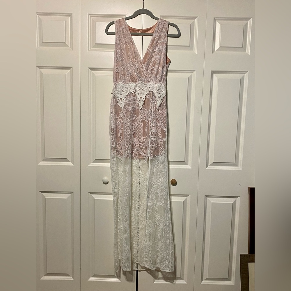 JLUXLABEL ivory lace maxi dress with tan mini slip insert